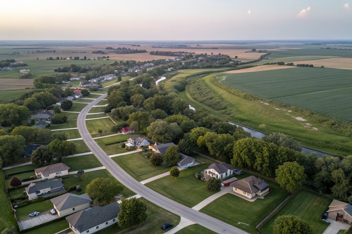 Aerial view of a flat suburb of ranch houses beside a grassy drainage channel and farm fields