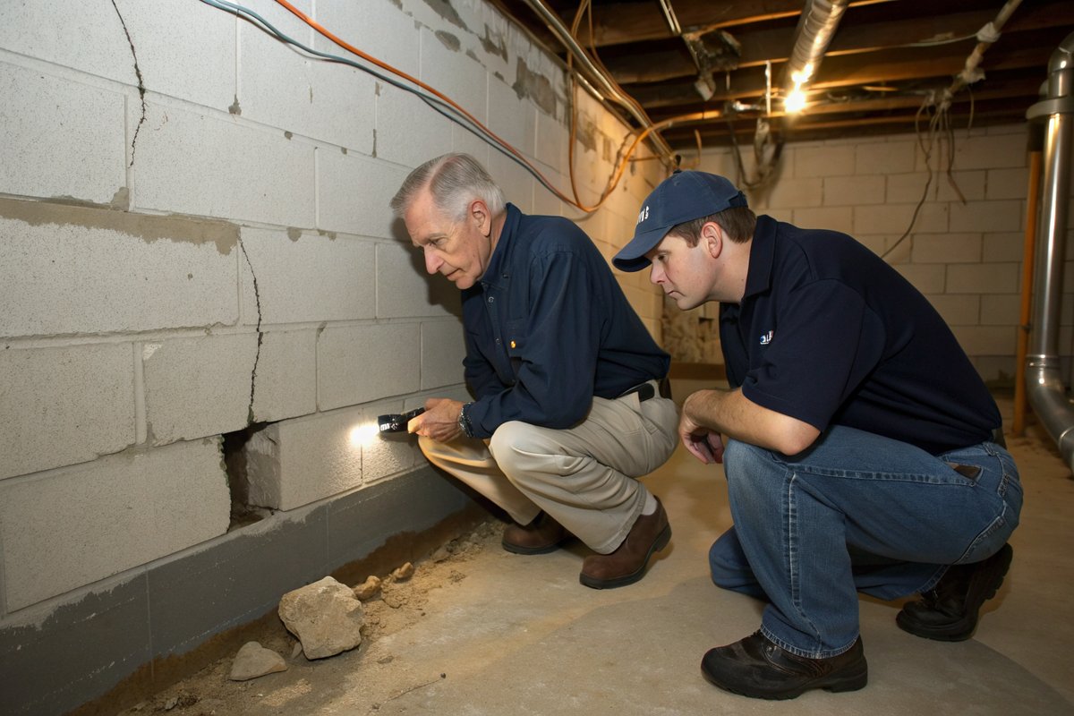 A homeowner and a contractor crouching with a flashlight at the base of a basement wall