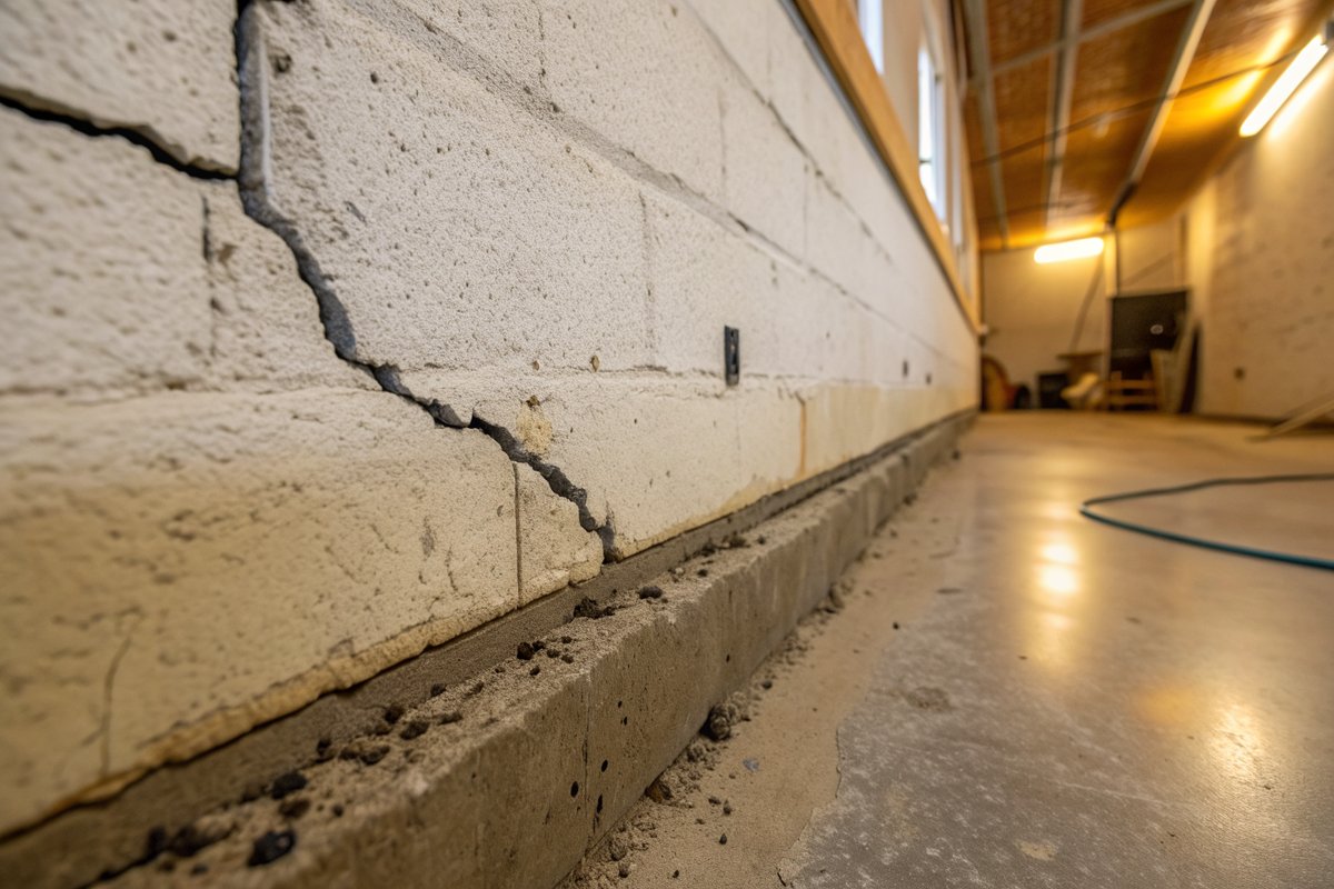 Cracks in a poured concrete basement wall running down to the floor joint