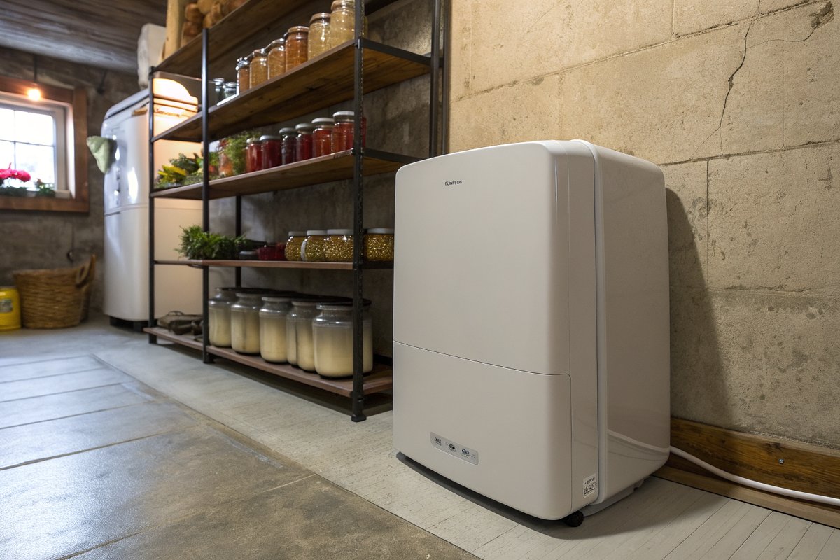 A plain light gray dehumidifier beside shelves of canning jars in a basement