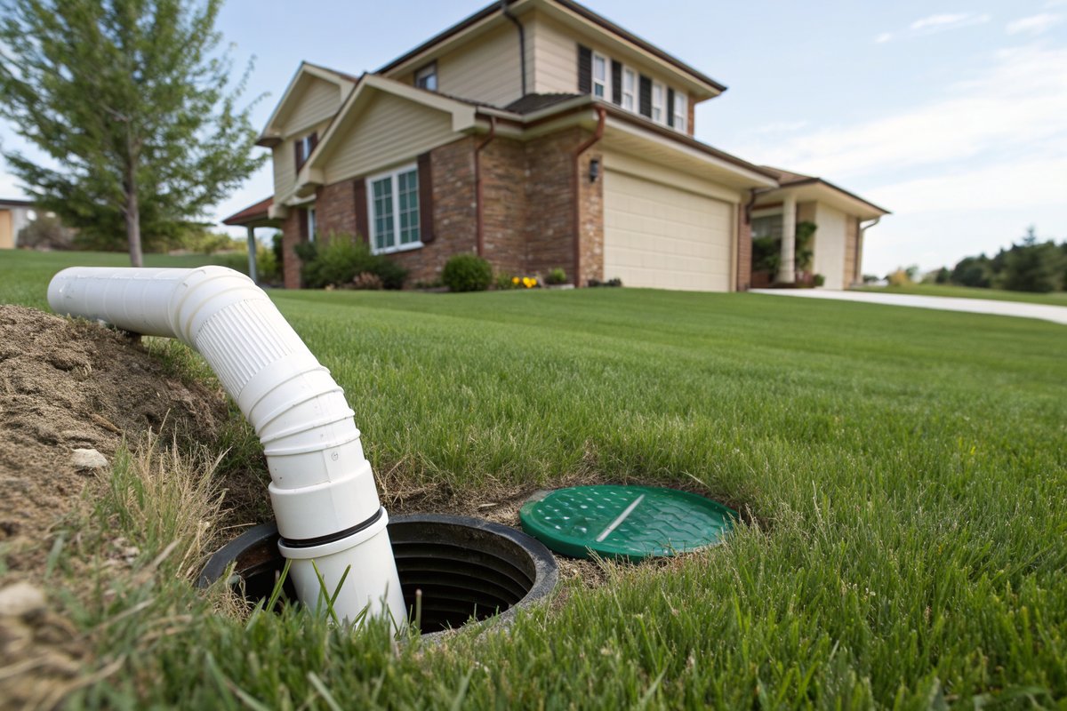 A downspout piped underground to a green pop-up emitter far out in a flat lawn