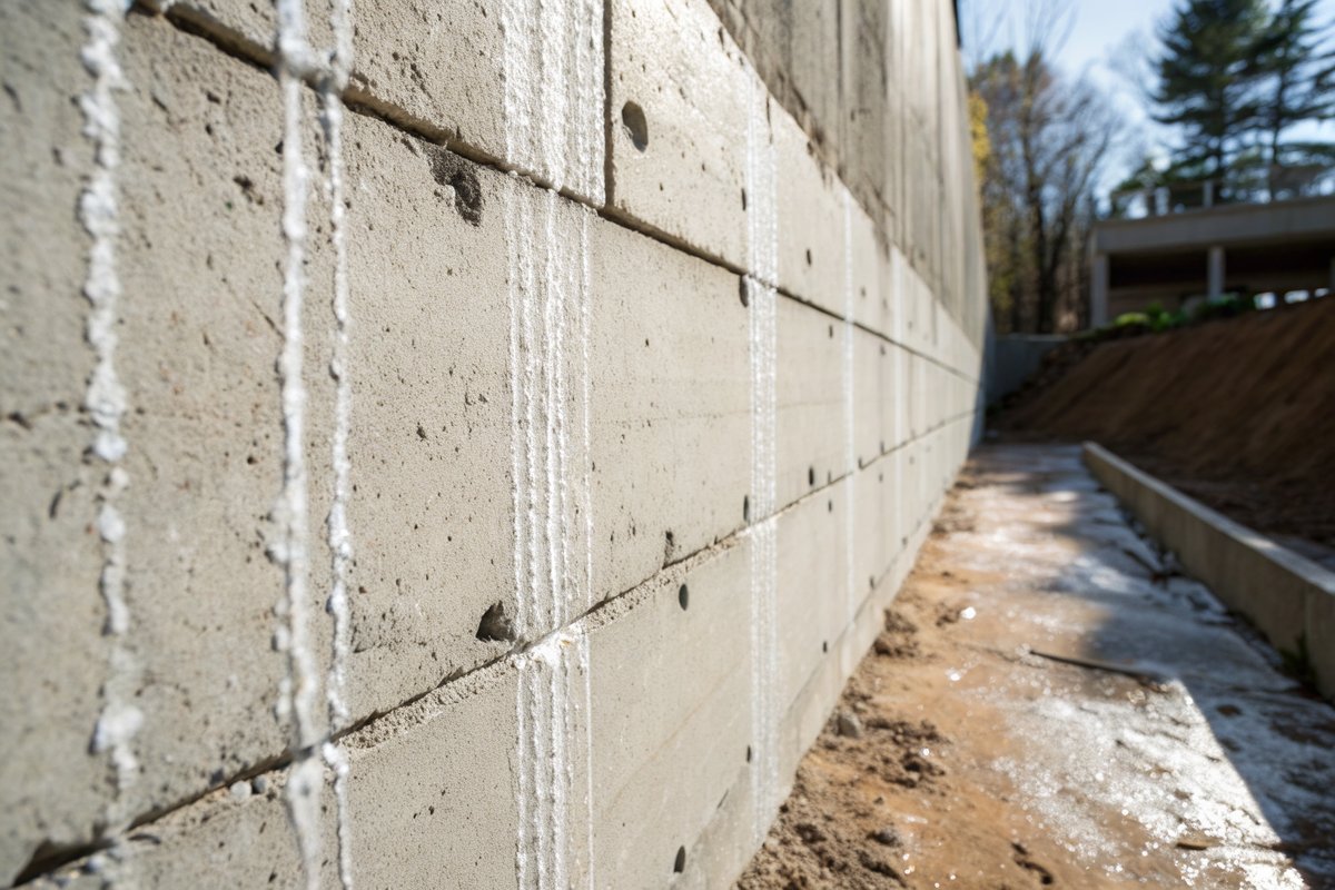 White mineral streaks running down a damp poured concrete basement wall