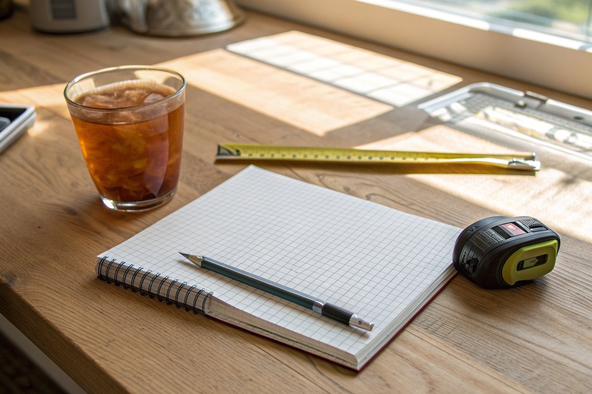 A blank graph-paper pad, a pencil and a tape measure on a kitchen counter