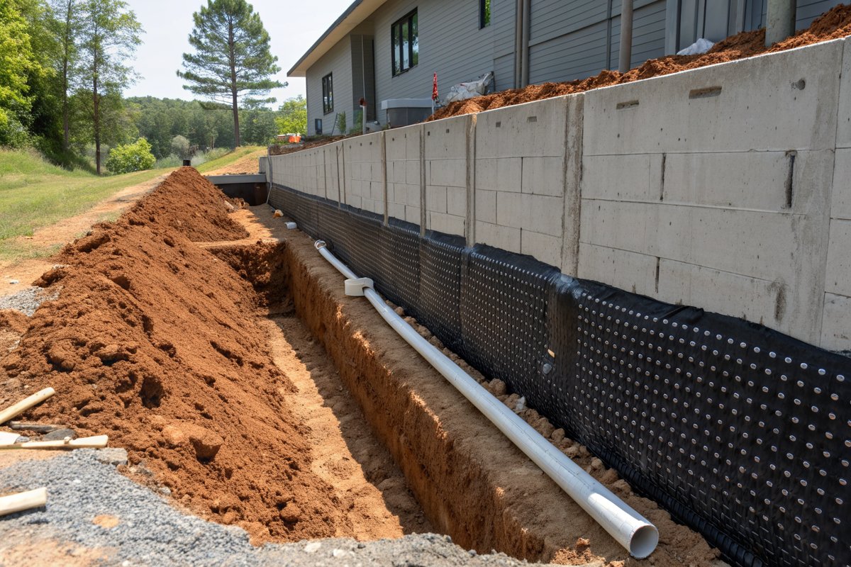An open trench beside a foundation coated in black waterproofing and drainage board, with red clay soil