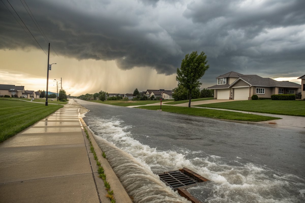 A summer thunderstorm sending water along the curb of a wide street of ranch houses