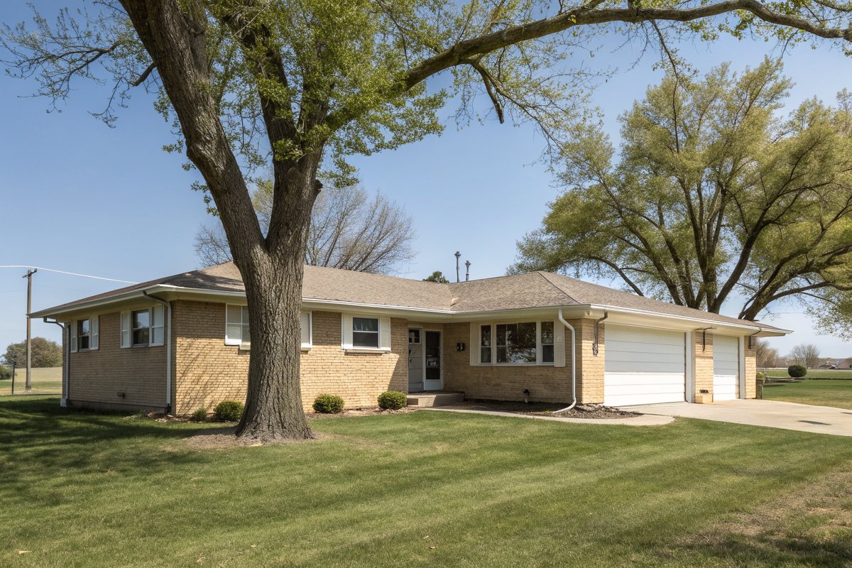 A 1950s tan brick ranch house with small basement windows at grade under a big elm and a wide blue sky