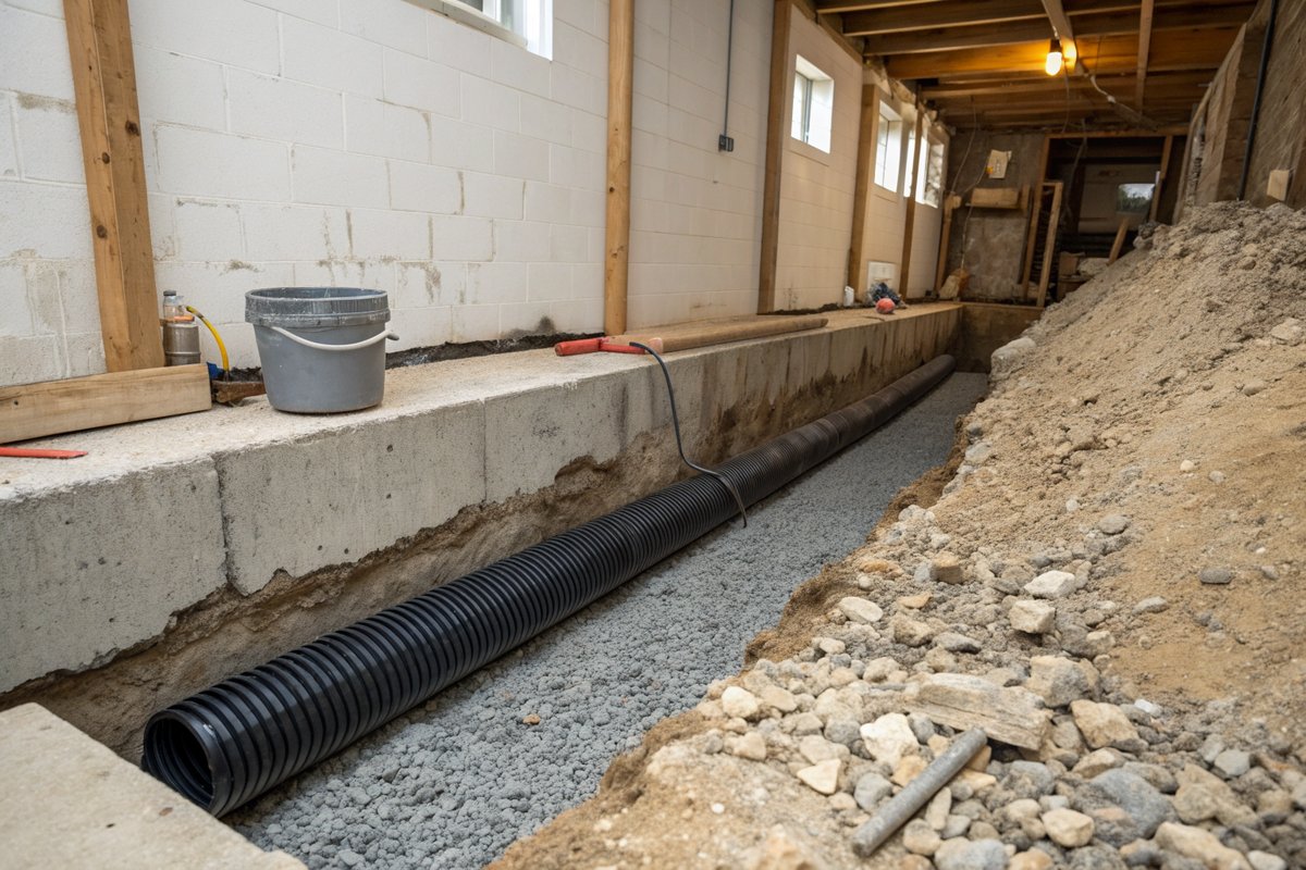 A trench along a basement wall holding a black perforated drain pipe in clean gravel