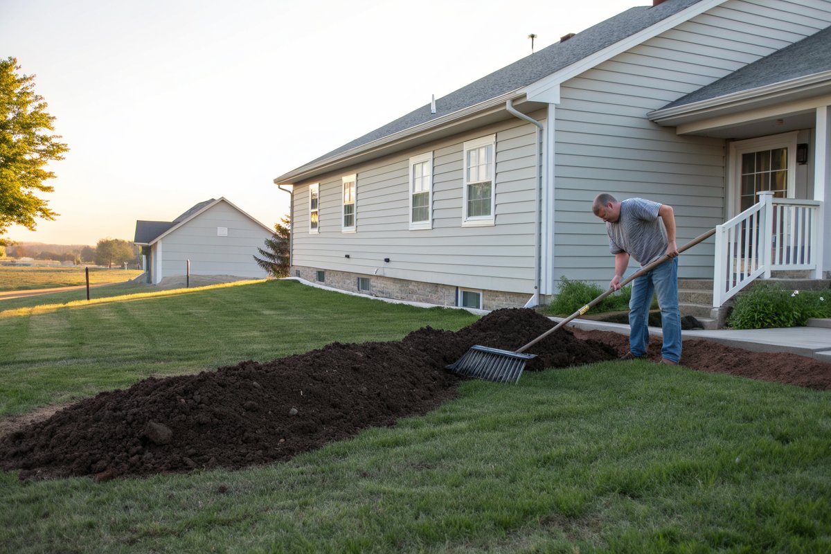 A man raking fresh soil into a slope away from the foundation of a gray sided ranch house