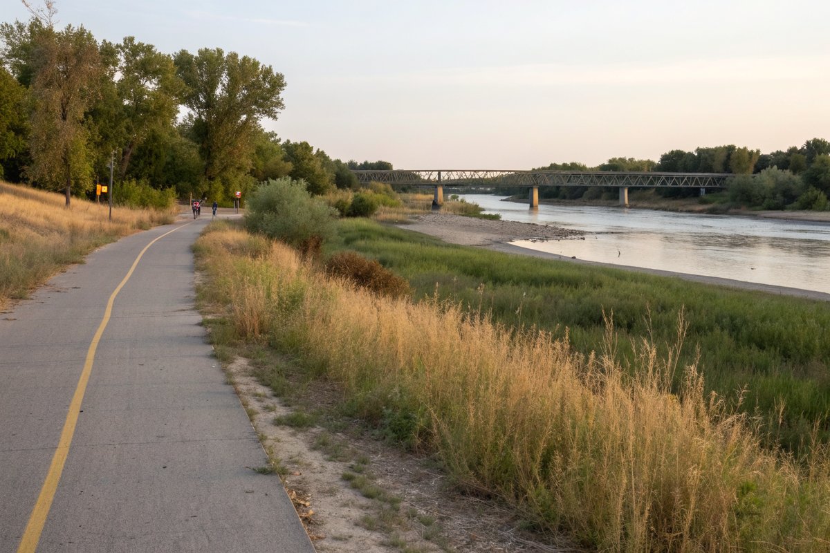 A paved path beside a wide, shallow prairie river lined with cottonwoods