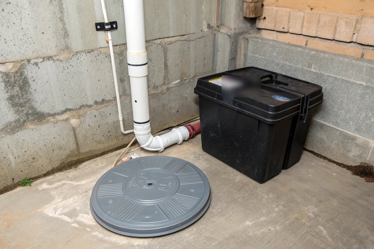 A round gray sump lid, a white discharge pipe and a black battery box in a basement corner