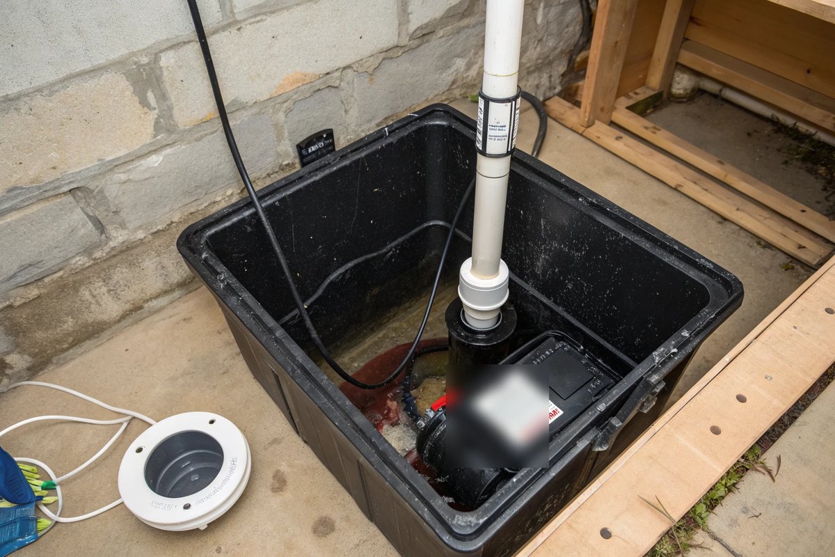 A submersible pump with a white discharge pipe in a black sump basin