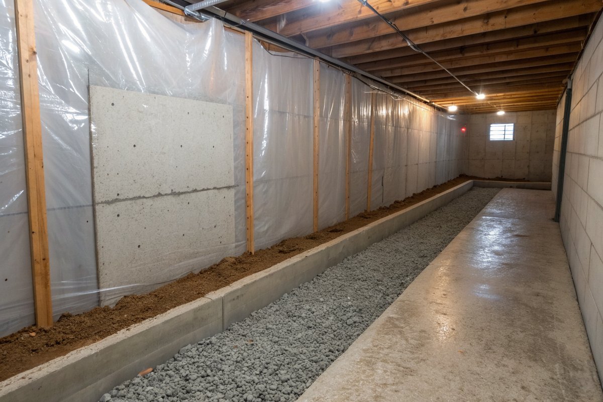 Clear plastic sheeting fastened along a basement wall above a gravel channel at the floor