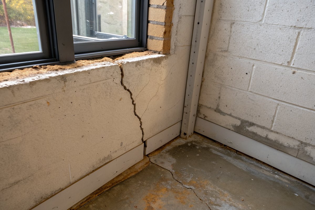 A crack running down a poured basement wall from the corner of a window opening