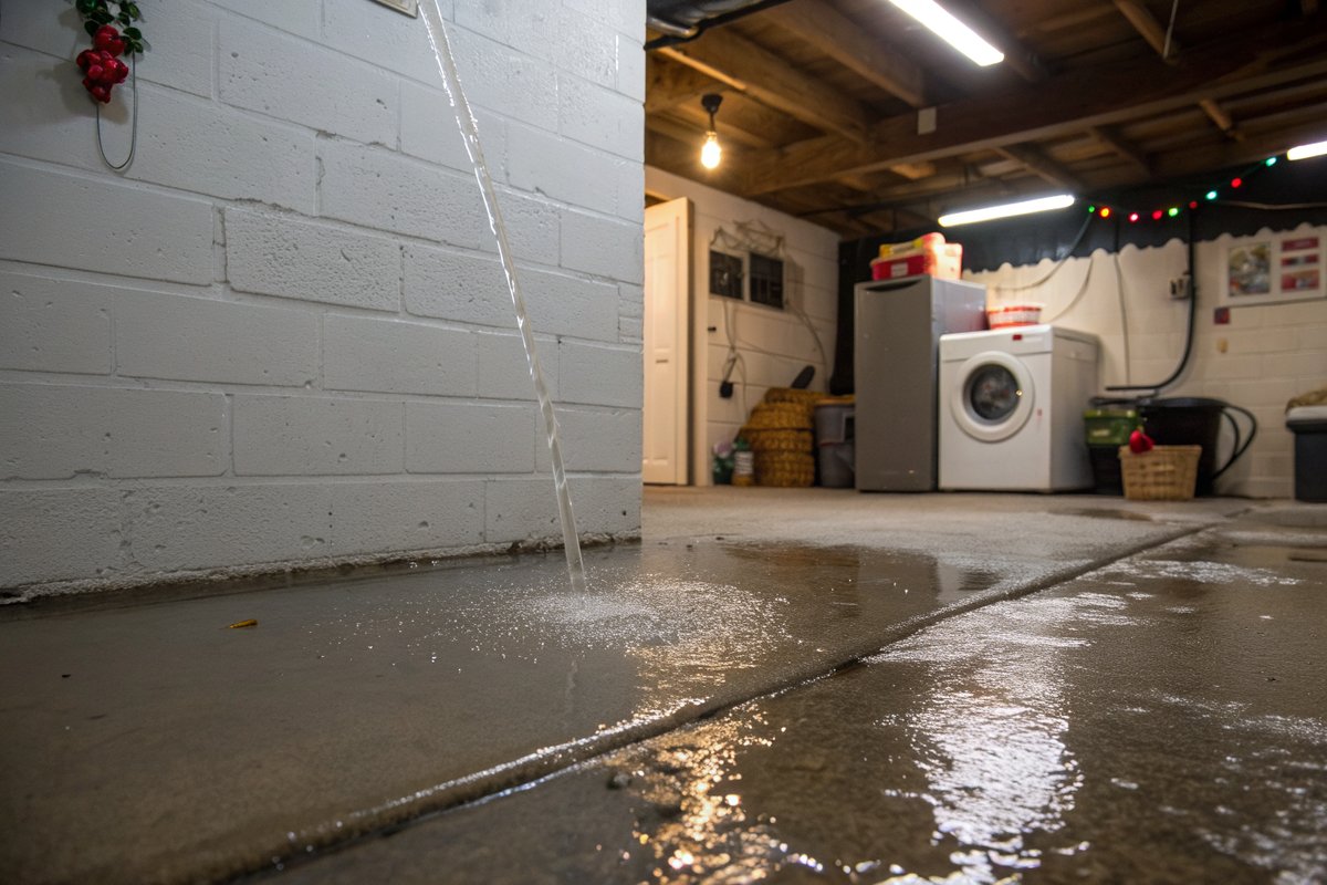 Water running across a painted basement floor from the wall joint, with a washer and dryer behind