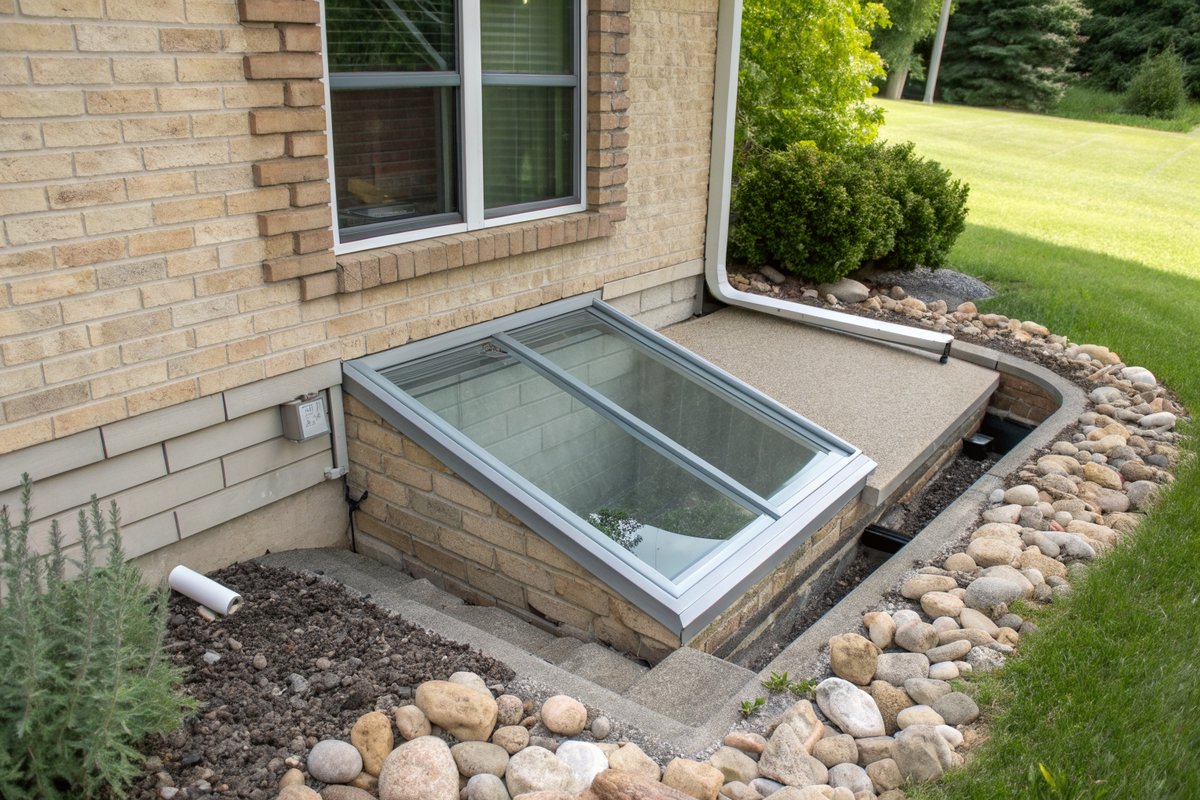 A large stepped egress window well with a clear cover beside a tan brick ranch house